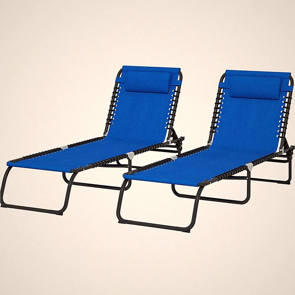 2-Seat Folding Chaise Lounge 4-Position Recline Breathable Mesh & Bungee Blue