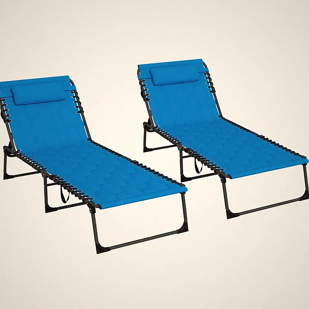 Set of 2 Folding Chaise Lounge Chairs 5-Position Reclining Headrest Blue