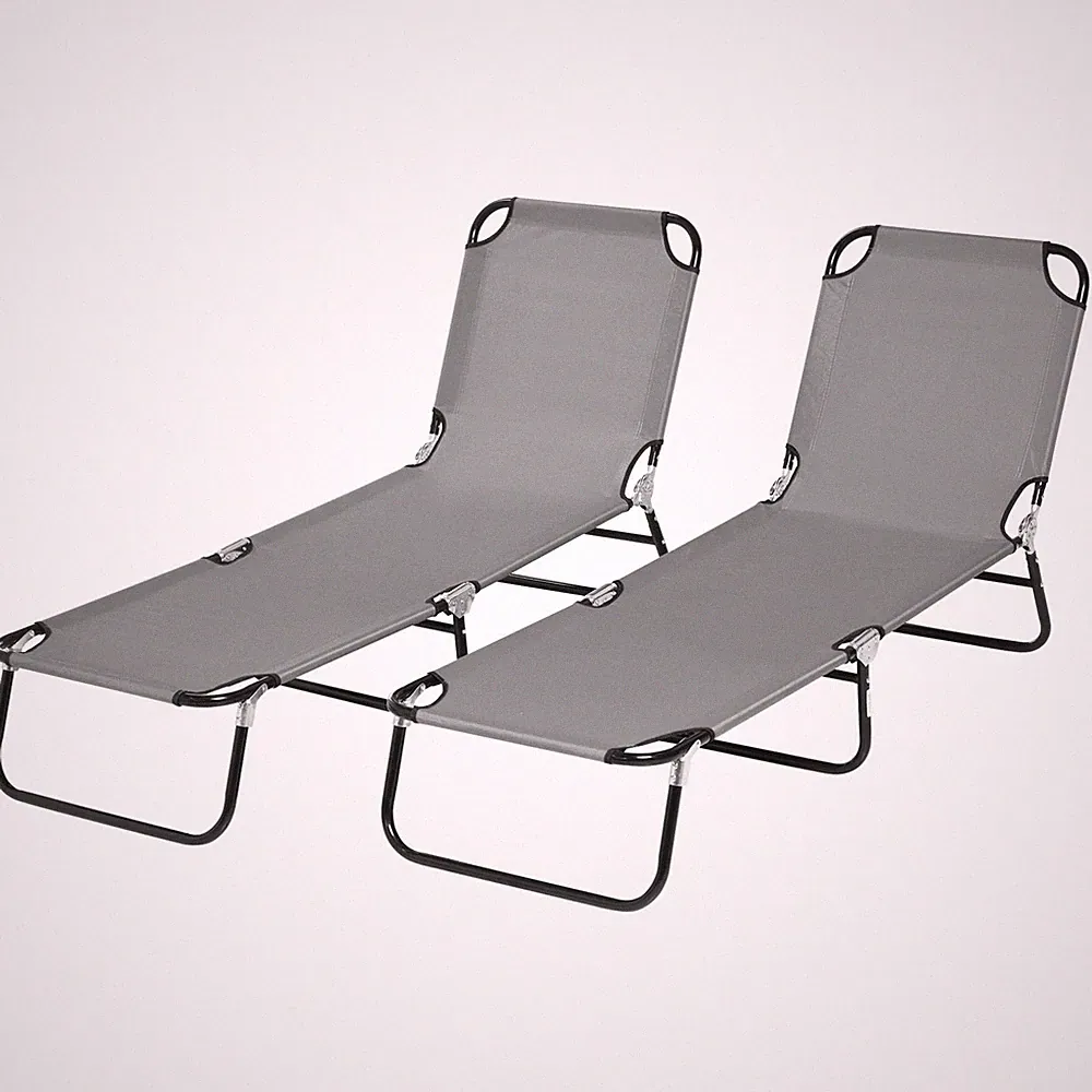 Set of 2 Folding Chaise Lounge Chairs 5-Position Reclining Steel Dark Gray